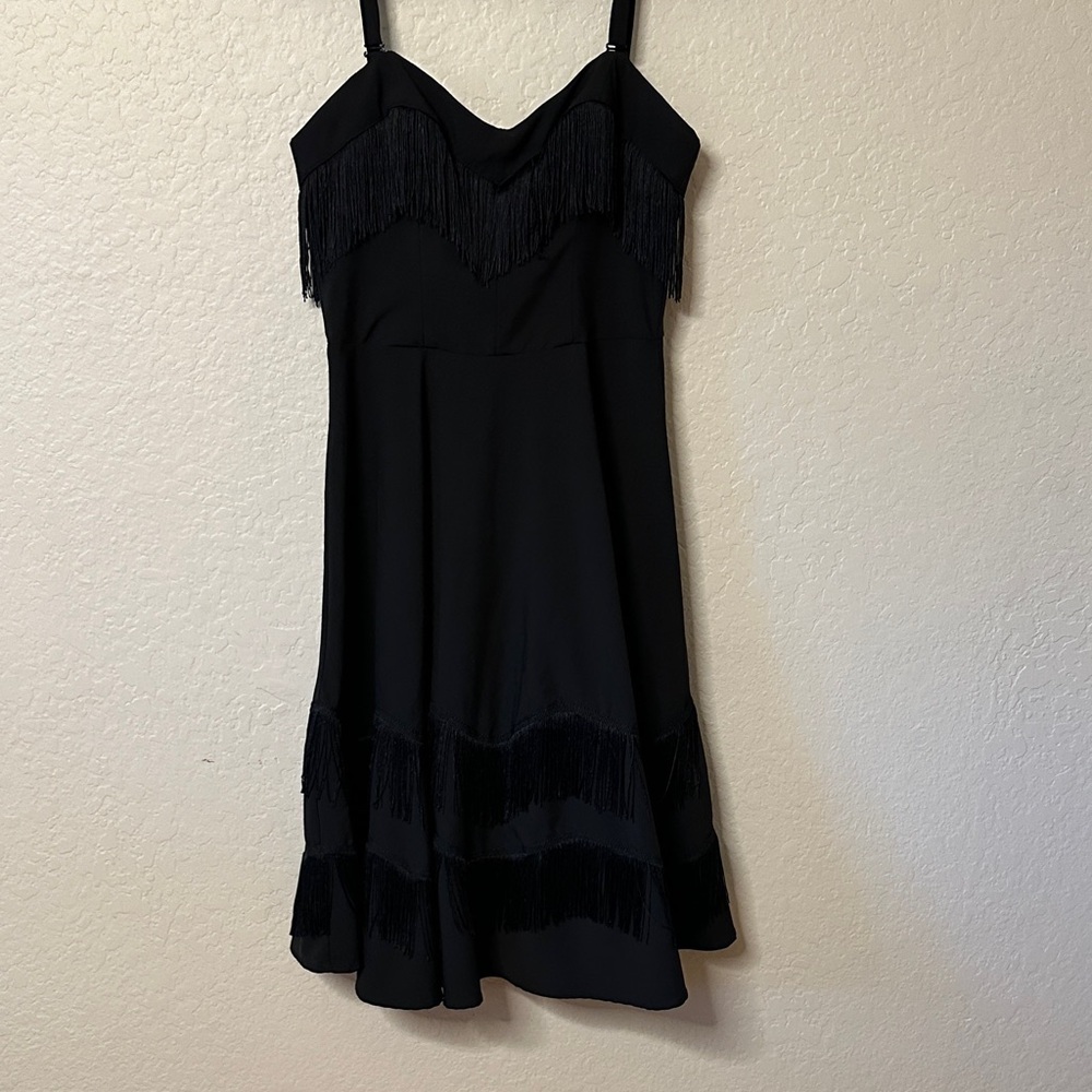 Unique Vintage Black Fringe Mini Dress